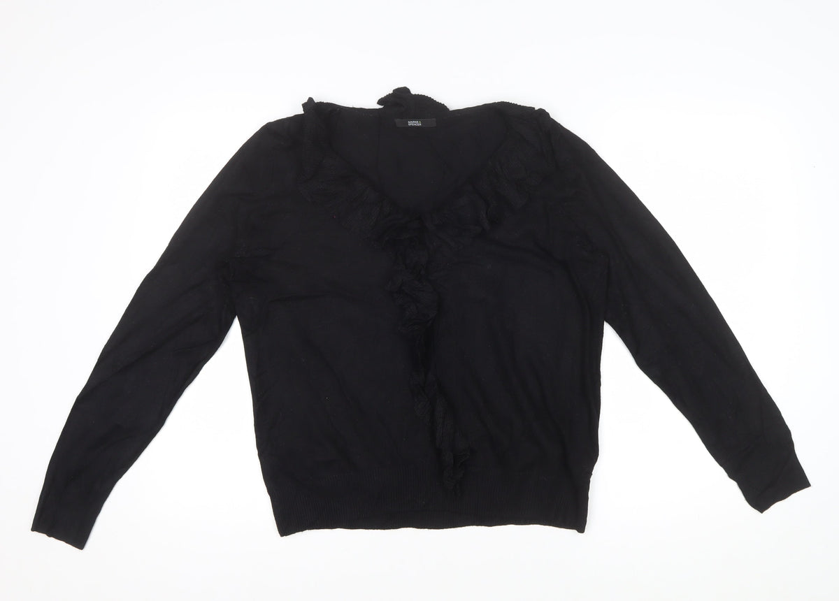 Marks and Spencer Women Black UK 16 V-Neck Ruffle Knit Pullover Jumper