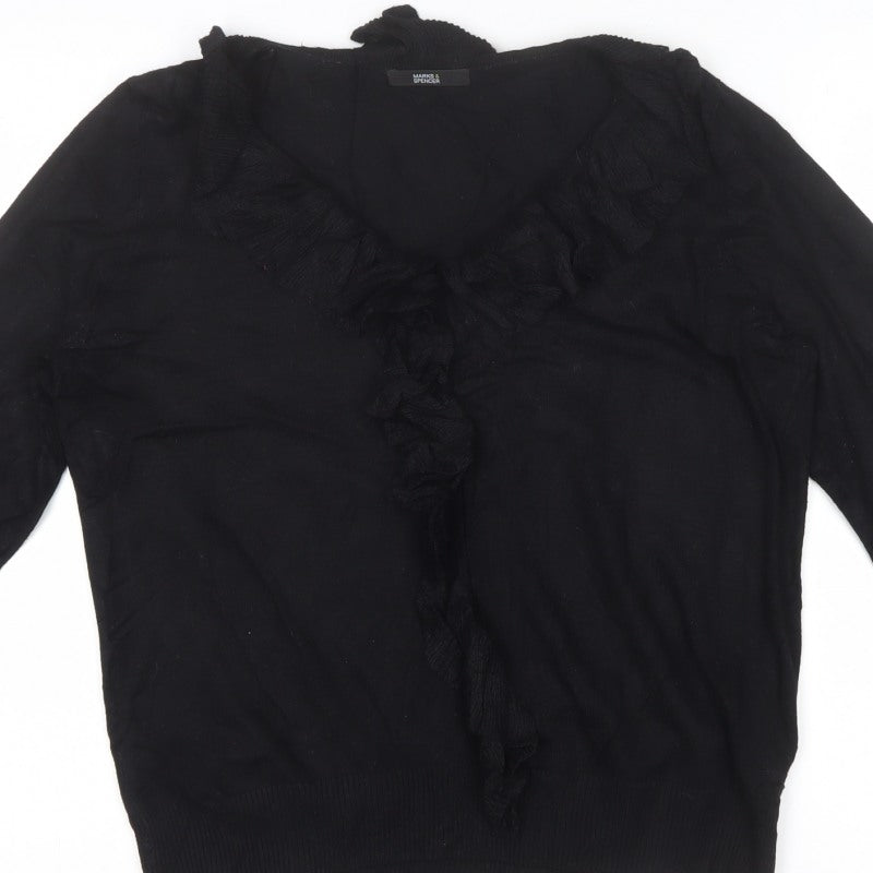 Marks and Spencer Women Black UK 16 V-Neck Ruffle Knit Pullover Jumper