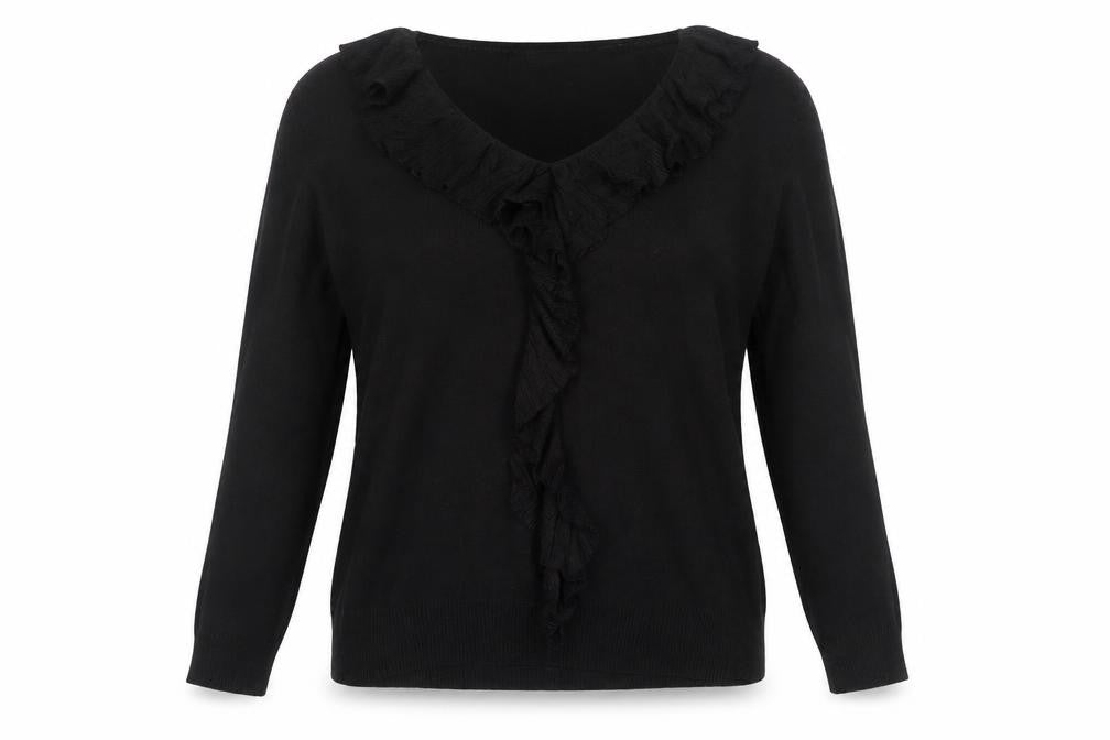 Marks and Spencer Women Black UK 16 V-Neck Ruffle Knit Pullover Jumper