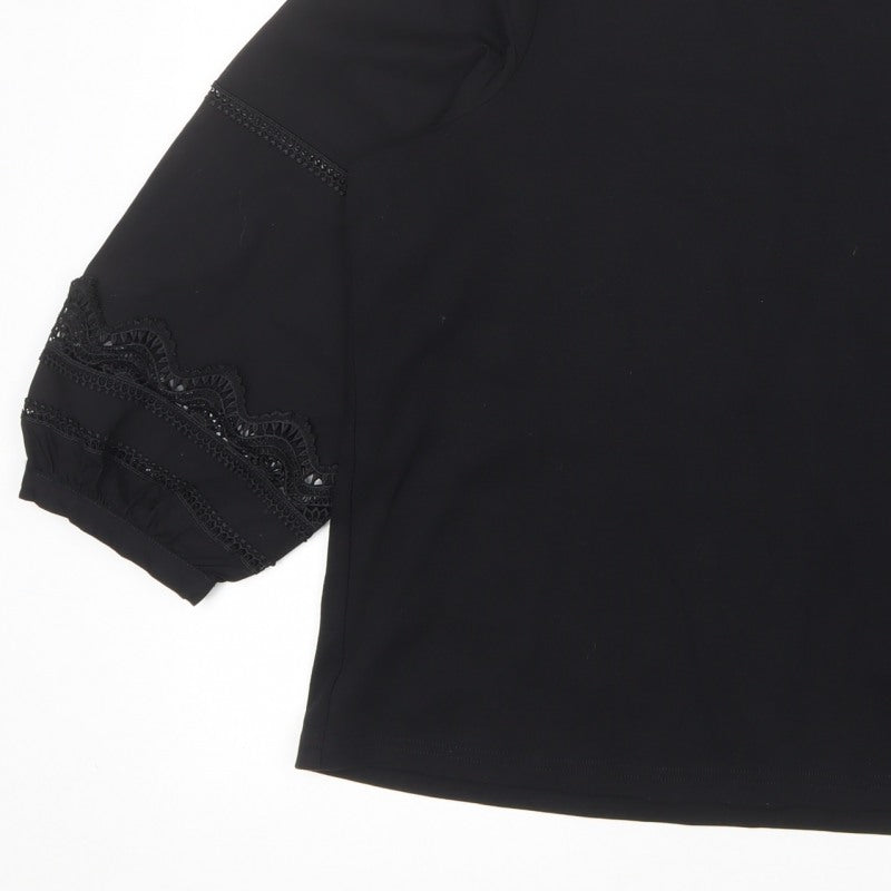 Gallery Women Black UK 16 Lace Trim 3/4 Balloon Sleeve Blouse
