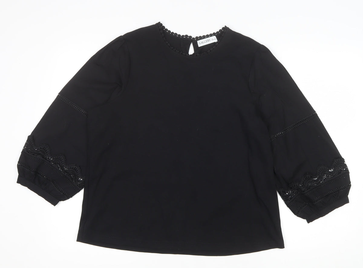 Gallery Women Black UK 16 Lace Trim 3/4 Balloon Sleeve Blouse