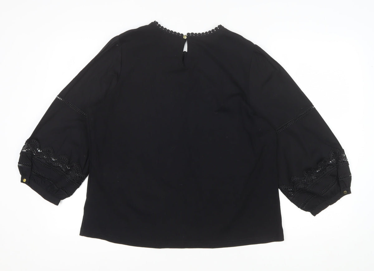 Gallery Women Black UK 16 Lace Trim 3/4 Balloon Sleeve Blouse
