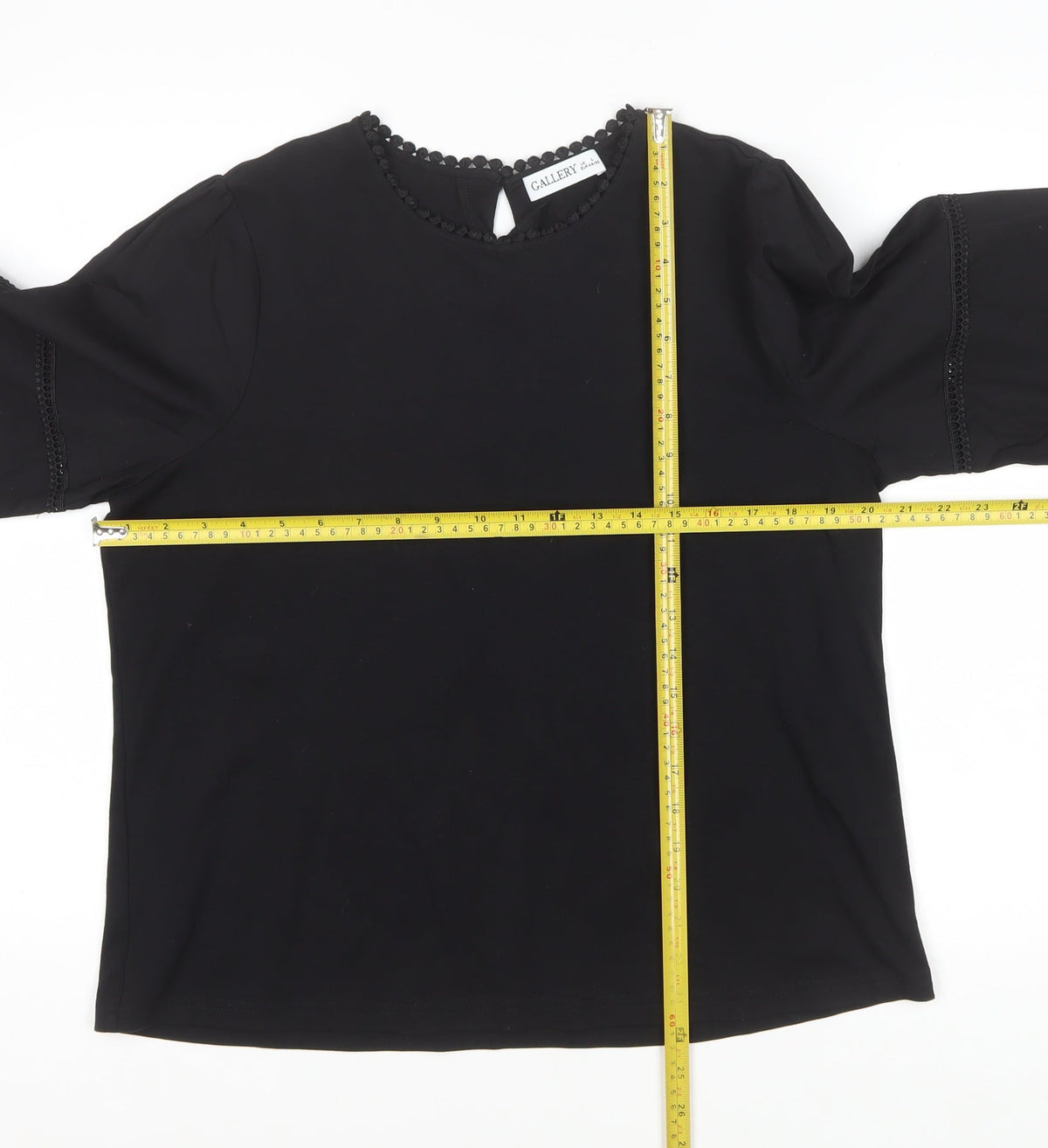 Gallery Women Black UK 16 Lace Trim 3/4 Balloon Sleeve Blouse