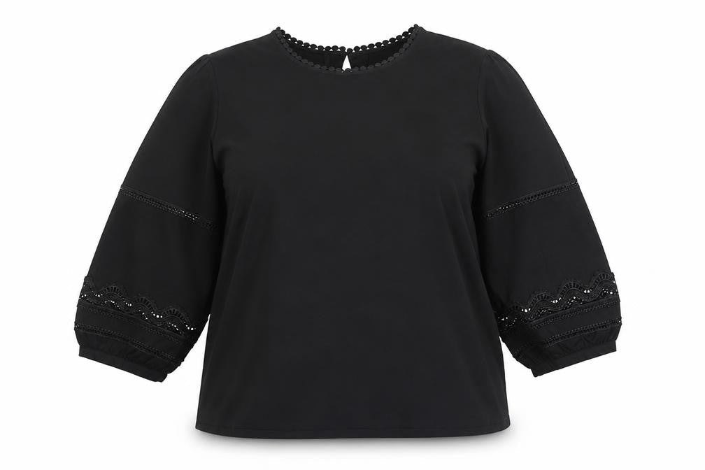Gallery Women Black UK 16 Lace Trim 3/4 Balloon Sleeve Blouse