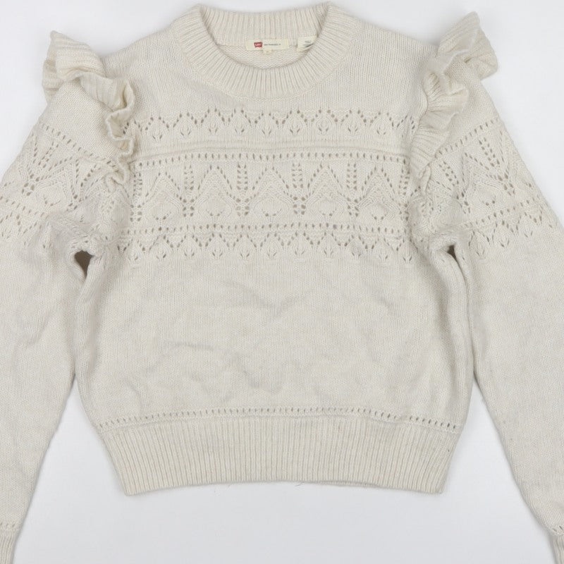 Levi's Women Ivory XS Ruffle Open Knit Crew Neck Jumper
