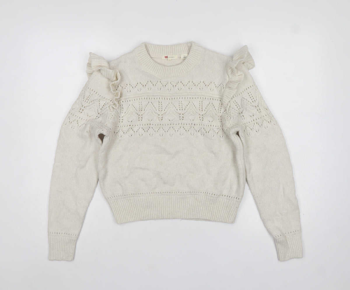 Levi's Women Ivory XS Ruffle Open Knit Crew Neck Jumper