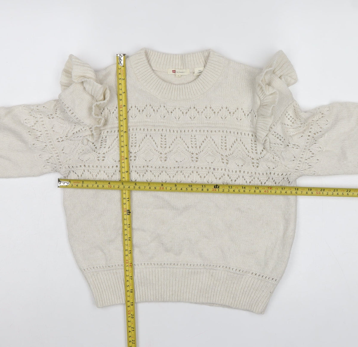 Levi's Women Ivory XS Ruffle Open Knit Crew Neck Jumper