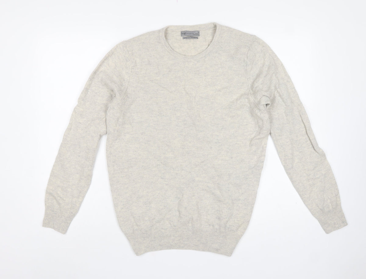 Marks and Spencer Men's Beige S Lambswool Crew Neck Pullover Jumper