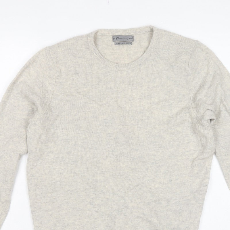 Marks and Spencer Men's Beige S Lambswool Crew Neck Pullover Jumper