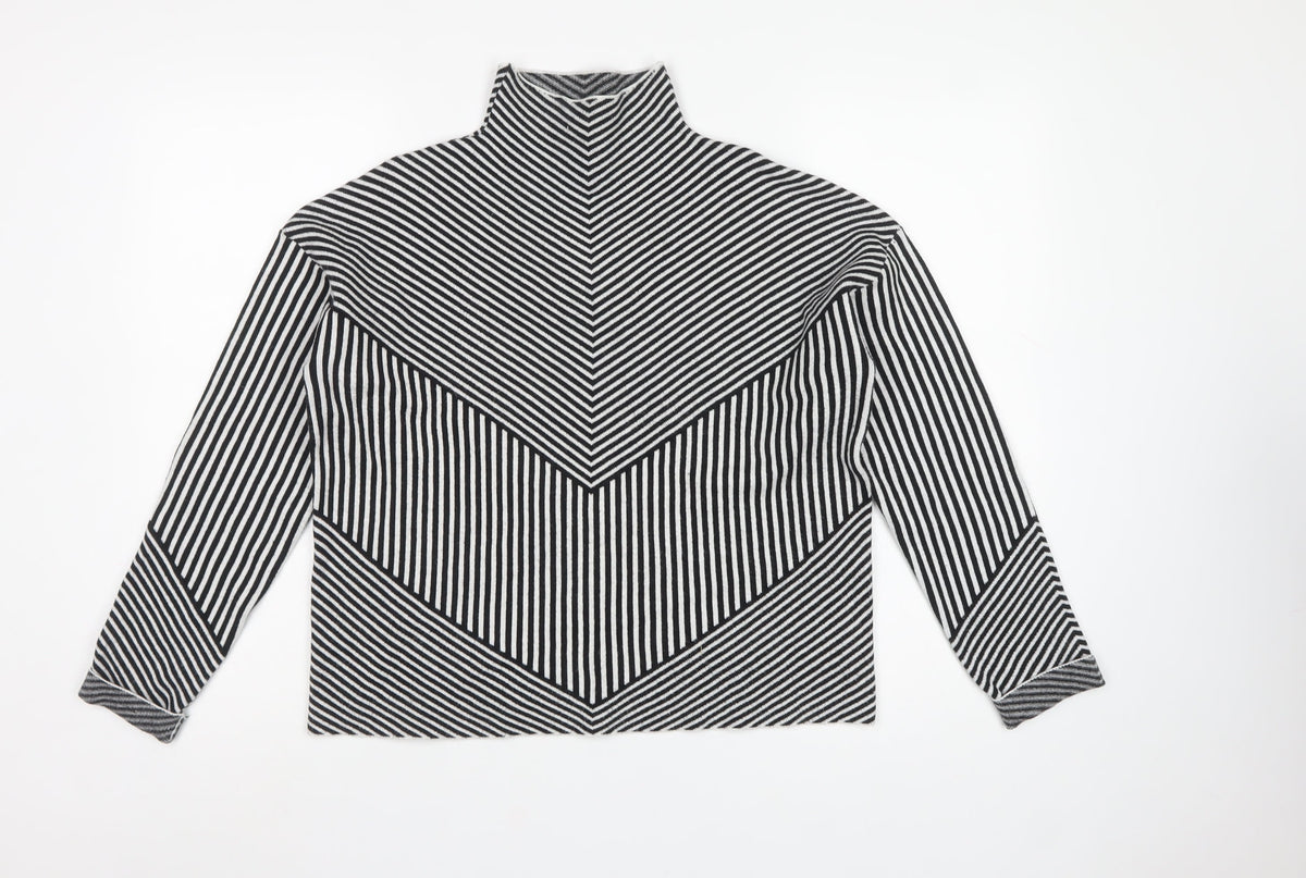 Tahari Women Black White Striped Mock Neck Knit Pullover Jumper M