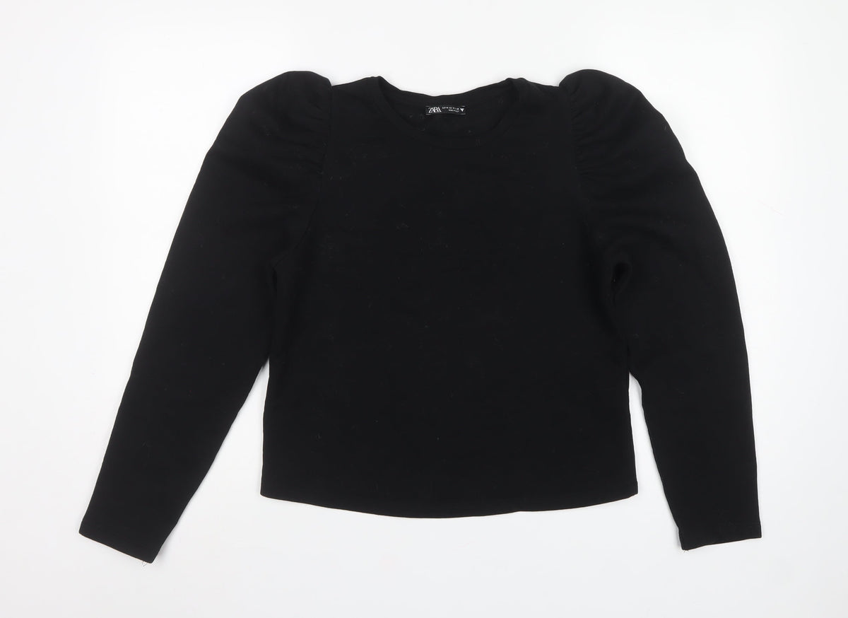 Zara Women Black M Ruffle Shoulder Crew Neck Pullover Sweatshirt