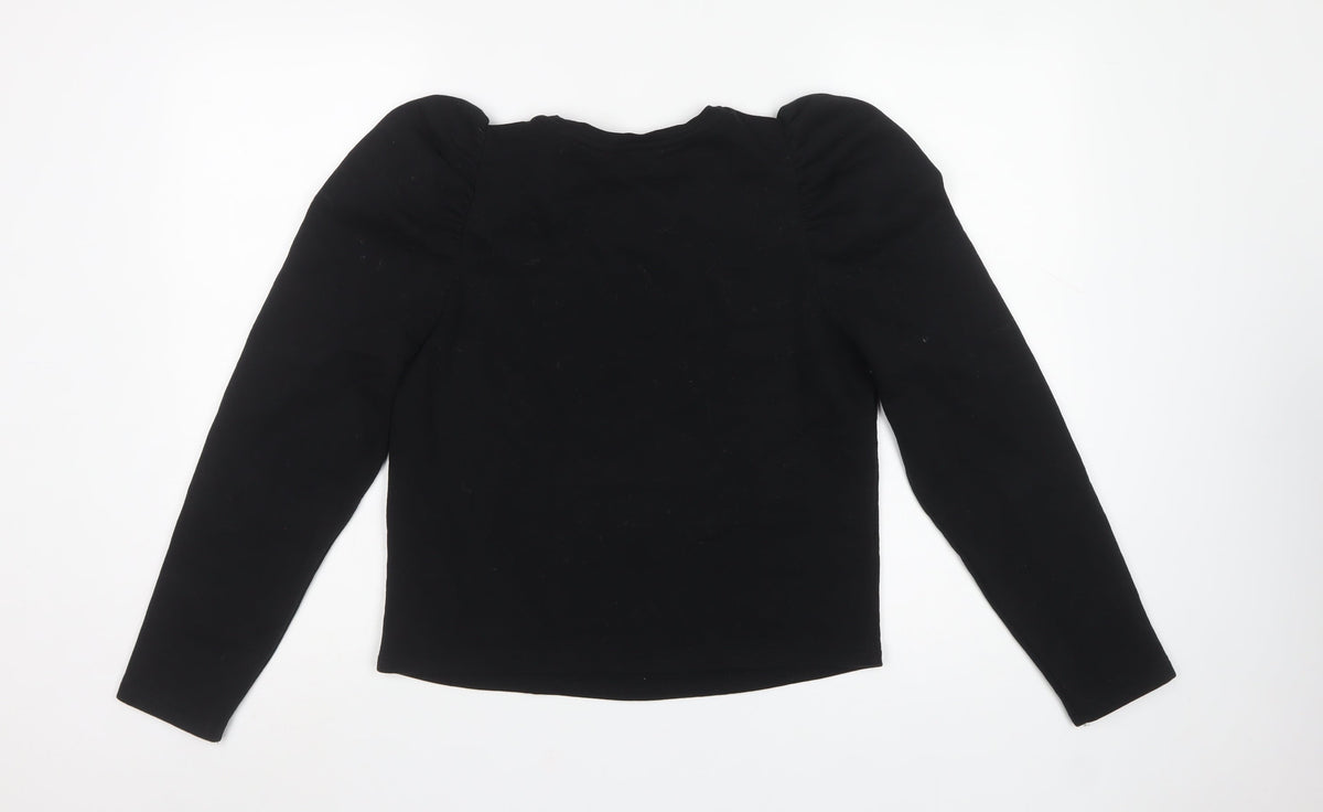 Zara Women Black M Ruffle Shoulder Crew Neck Pullover Sweatshirt