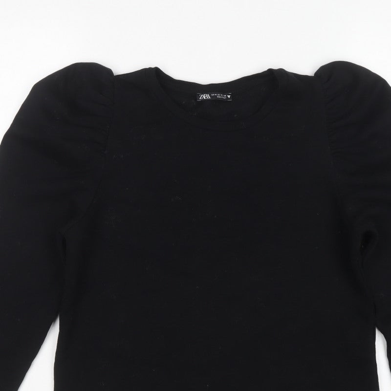 Zara Women Black M Ruffle Shoulder Crew Neck Pullover Sweatshirt