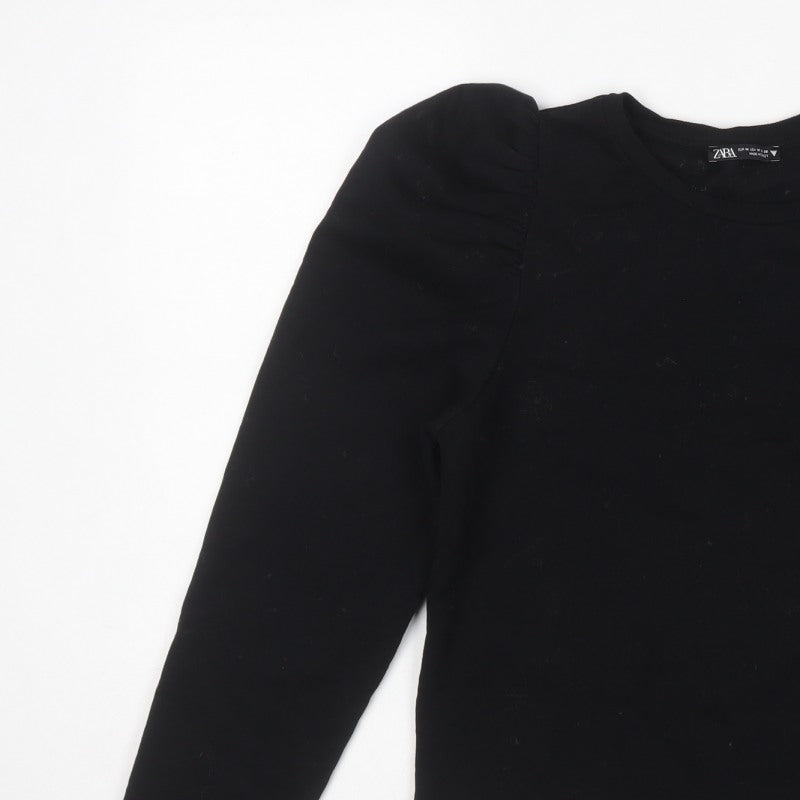 Zara Women Black M Ruffle Shoulder Crew Neck Pullover Sweatshirt