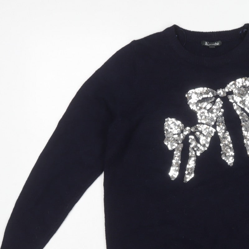 Bonmarché Women Navy Blue UK 14 Sequin Bow Round Neck Knit Jumper