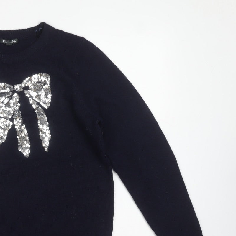 Bonmarché Women Navy Blue UK 14 Sequin Bow Round Neck Knit Jumper