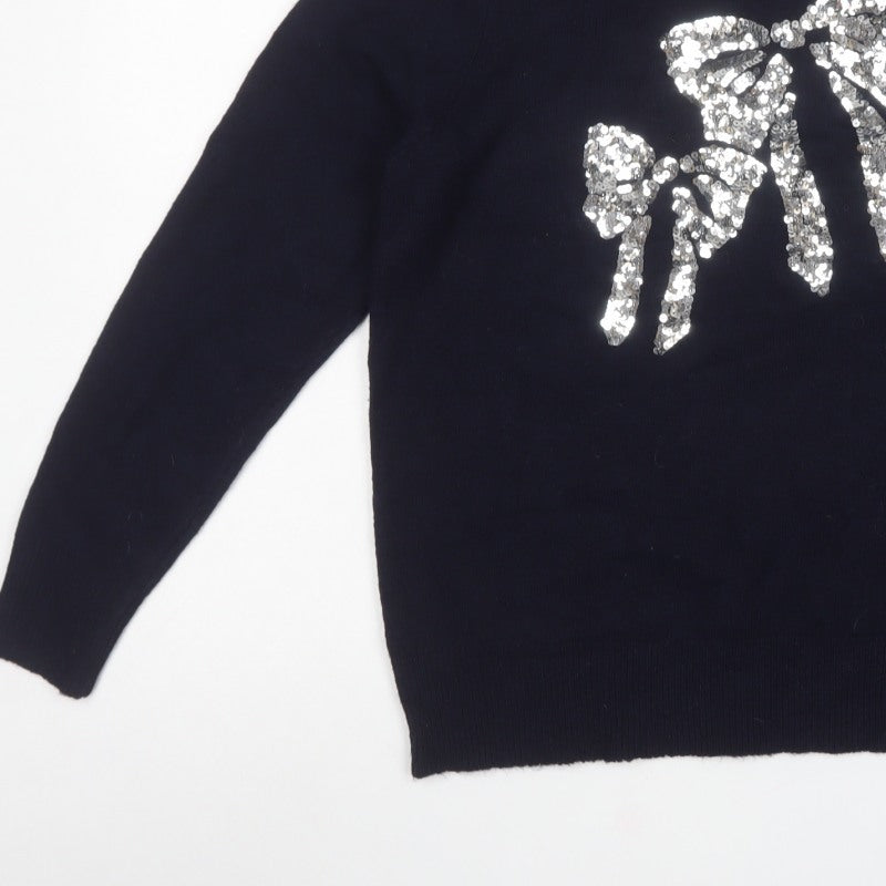 Bonmarché Women Navy Blue UK 14 Sequin Bow Round Neck Knit Jumper