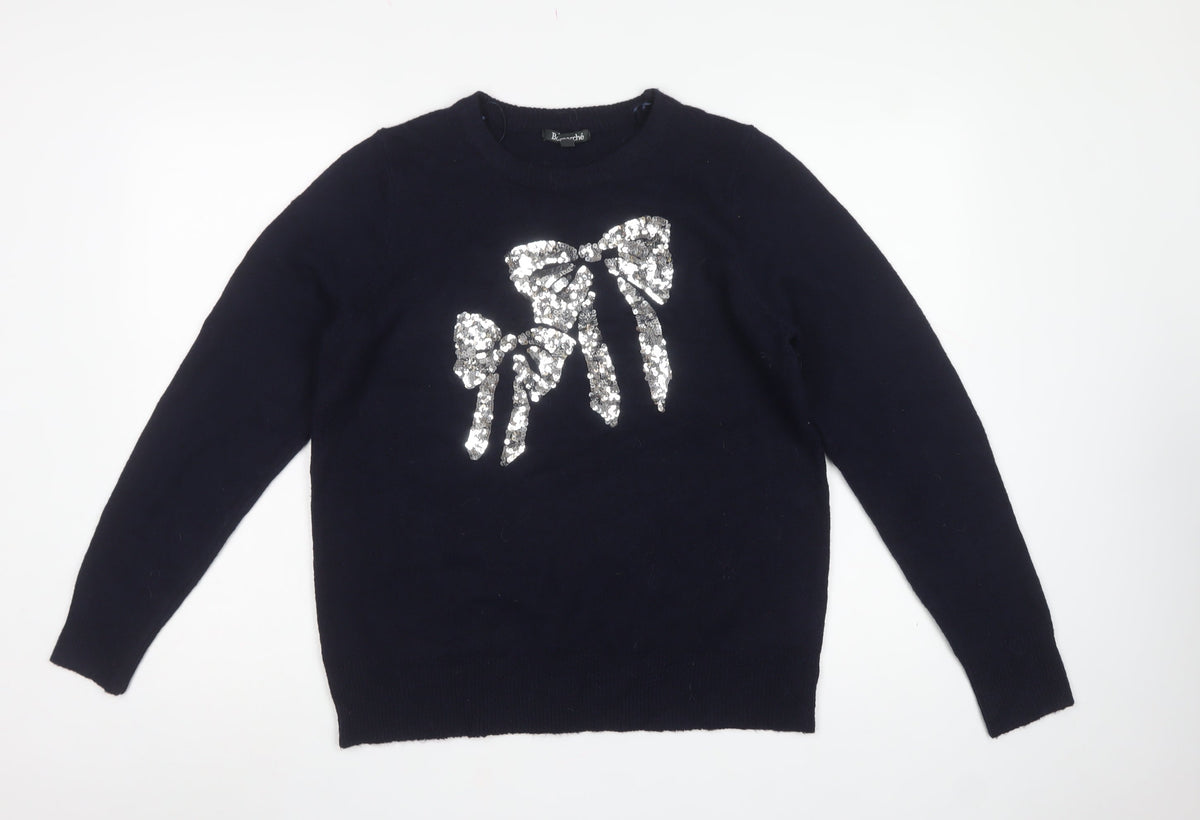 Bonmarché Women Navy Blue UK 14 Sequin Bow Round Neck Knit Jumper