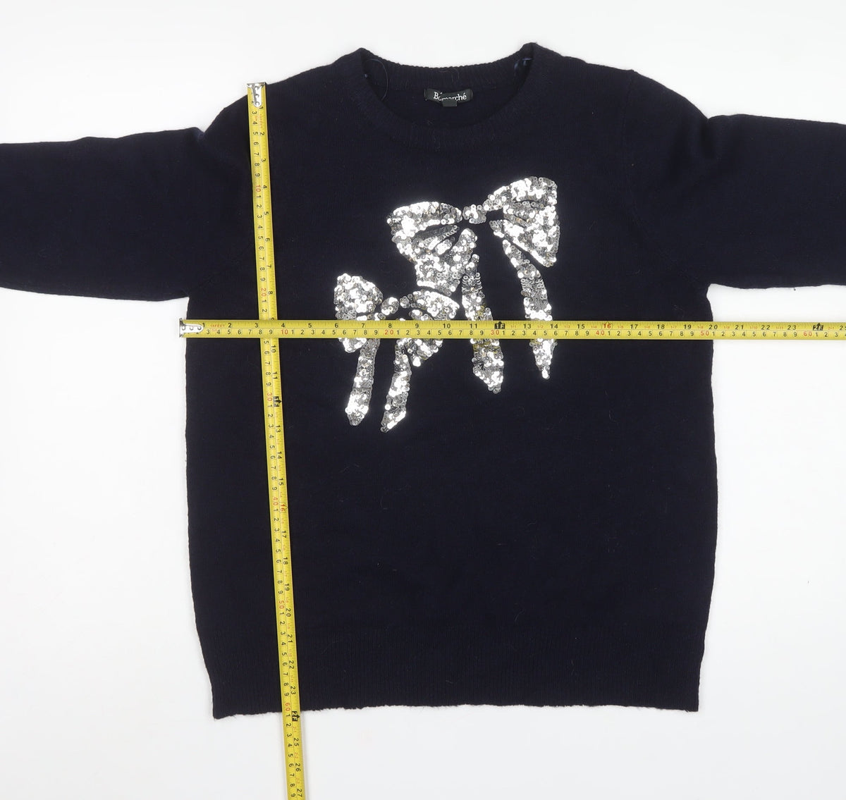 Bonmarché Women Navy Blue UK 14 Sequin Bow Round Neck Knit Jumper