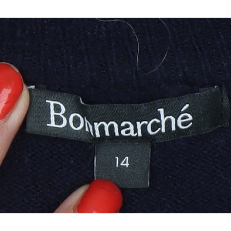 Bonmarché Women Navy Blue UK 14 Sequin Bow Round Neck Knit Jumper
