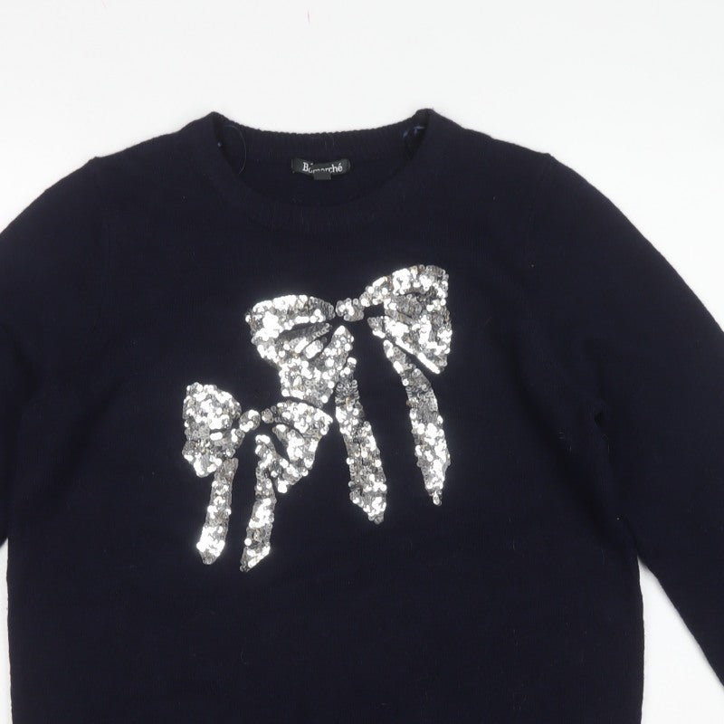 Bonmarché Women Navy Blue UK 14 Sequin Bow Round Neck Knit Jumper