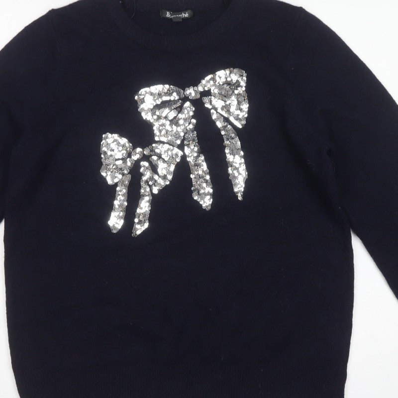 Bonmarché Women Navy Blue UK 14 Sequin Bow Round Neck Knit Jumper