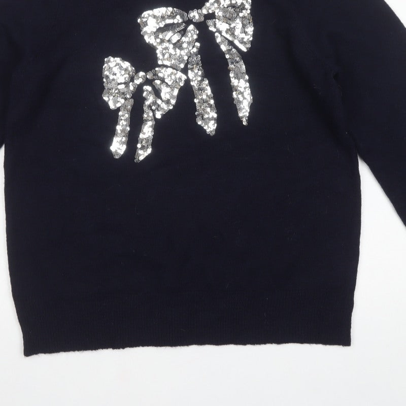 Bonmarché Women Navy Blue UK 14 Sequin Bow Round Neck Knit Jumper
