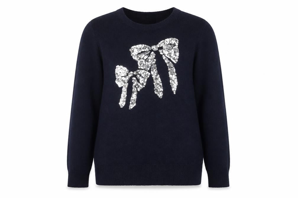 Bonmarché Women Navy Blue UK 14 Sequin Bow Round Neck Knit Jumper