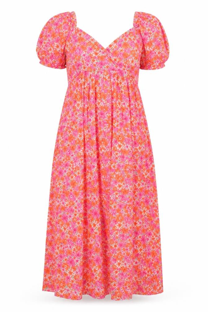 Yours Women Pink Floral Maxi Dress UK 20 Puff Sleeve