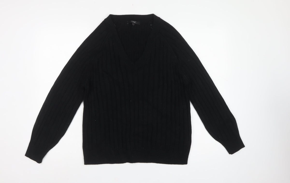 Next Women Black Ribbed V-Neck Balloon Sleeve Jumper Size 16