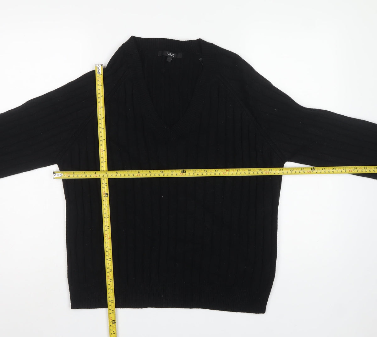 Next Women Black Ribbed V-Neck Balloon Sleeve Jumper Size 16