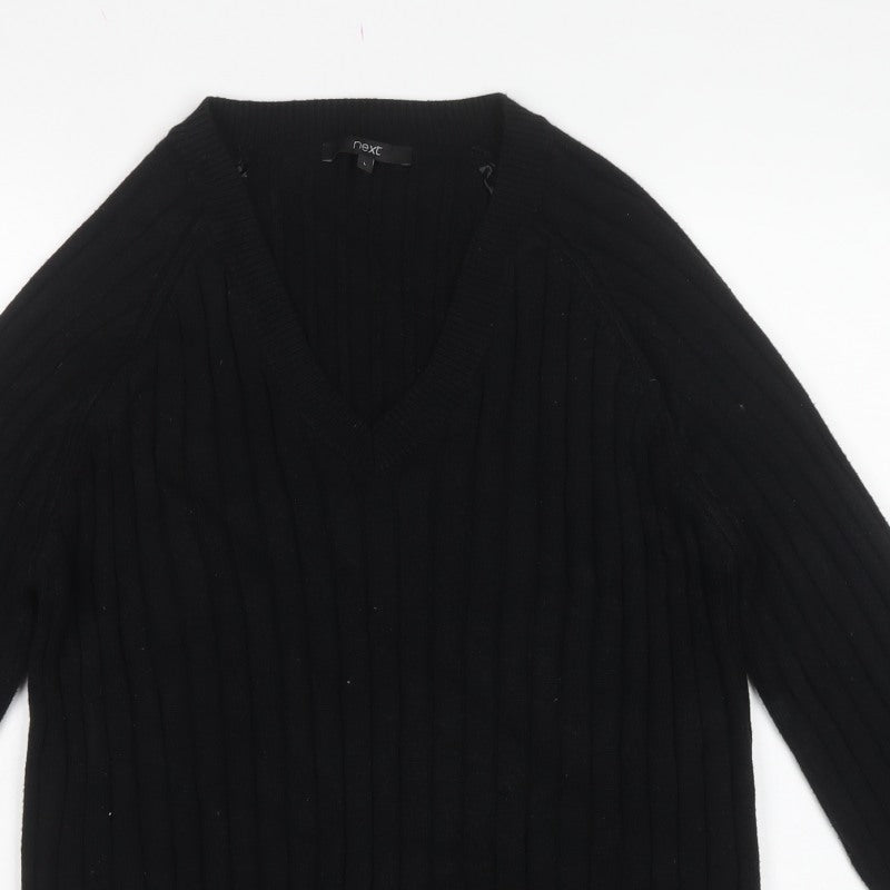Next Women Black Ribbed V-Neck Balloon Sleeve Jumper Size 16