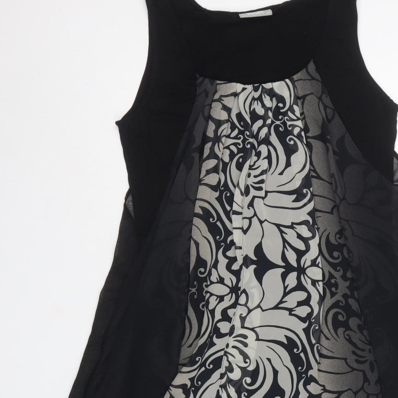 Wallis Women Black Grey Floral Sleeveless Layered Knee Dress UK 14