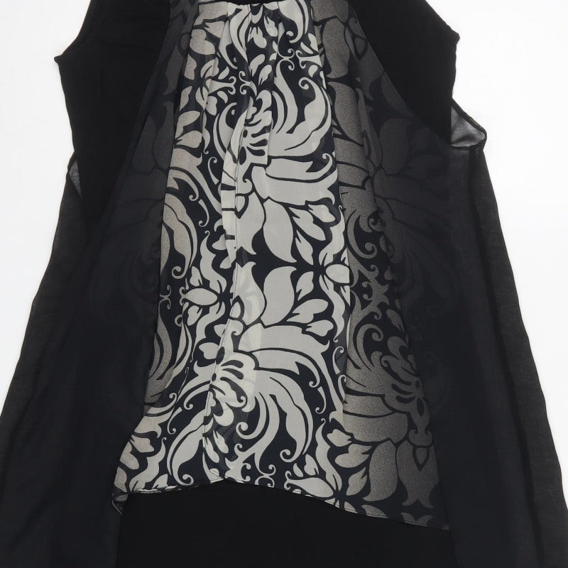 Wallis Women Black Grey Floral Sleeveless Layered Knee Dress UK 14