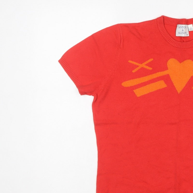 Antoni & Alison Women’s Red Orange Heart Knit Short Sleeve Jumper UK 14