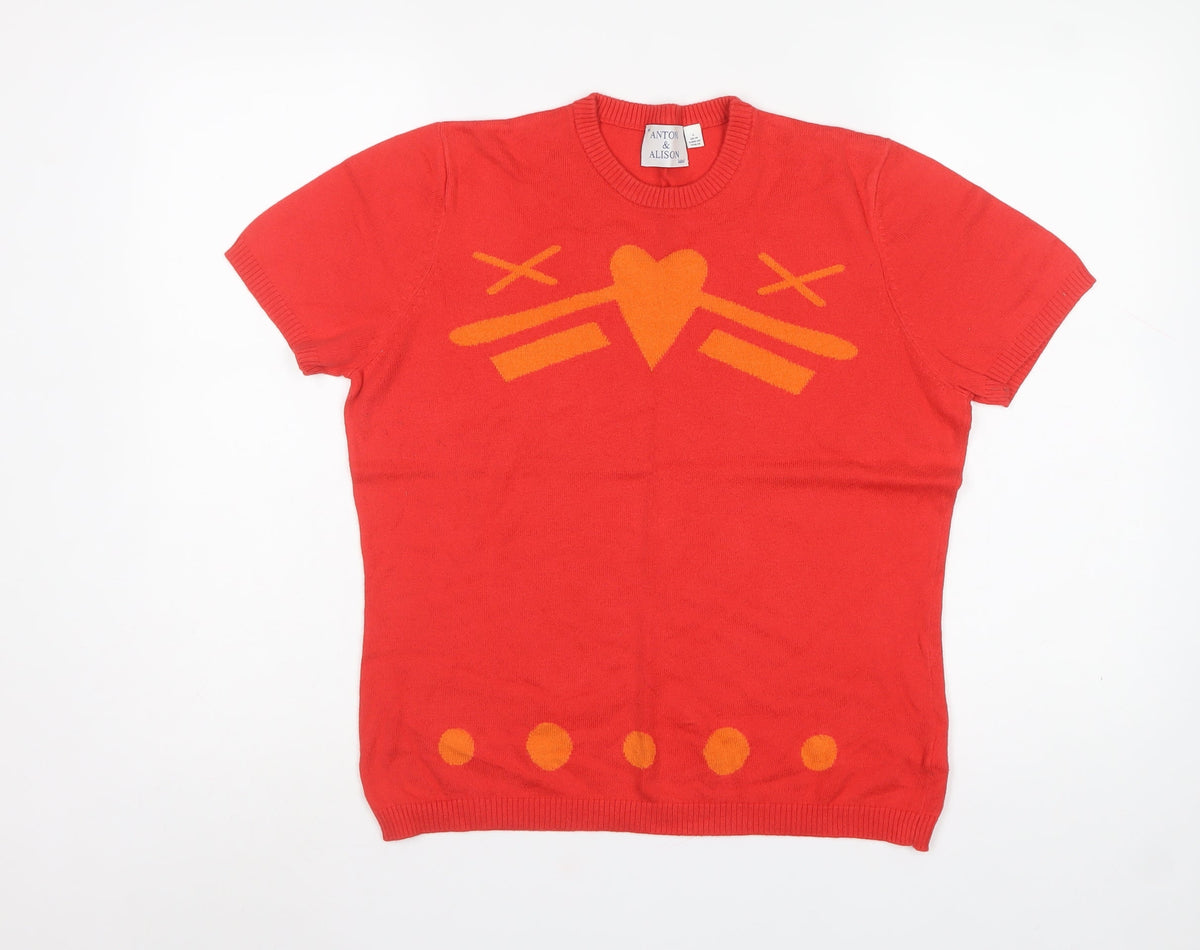 Antoni & Alison Women’s Red Orange Heart Knit Short Sleeve Jumper UK 14