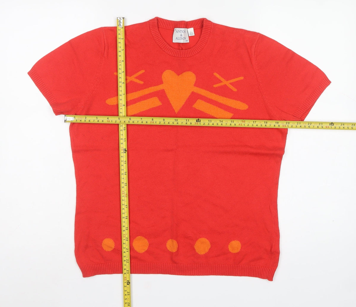 Antoni & Alison Women’s Red Orange Heart Knit Short Sleeve Jumper UK 14