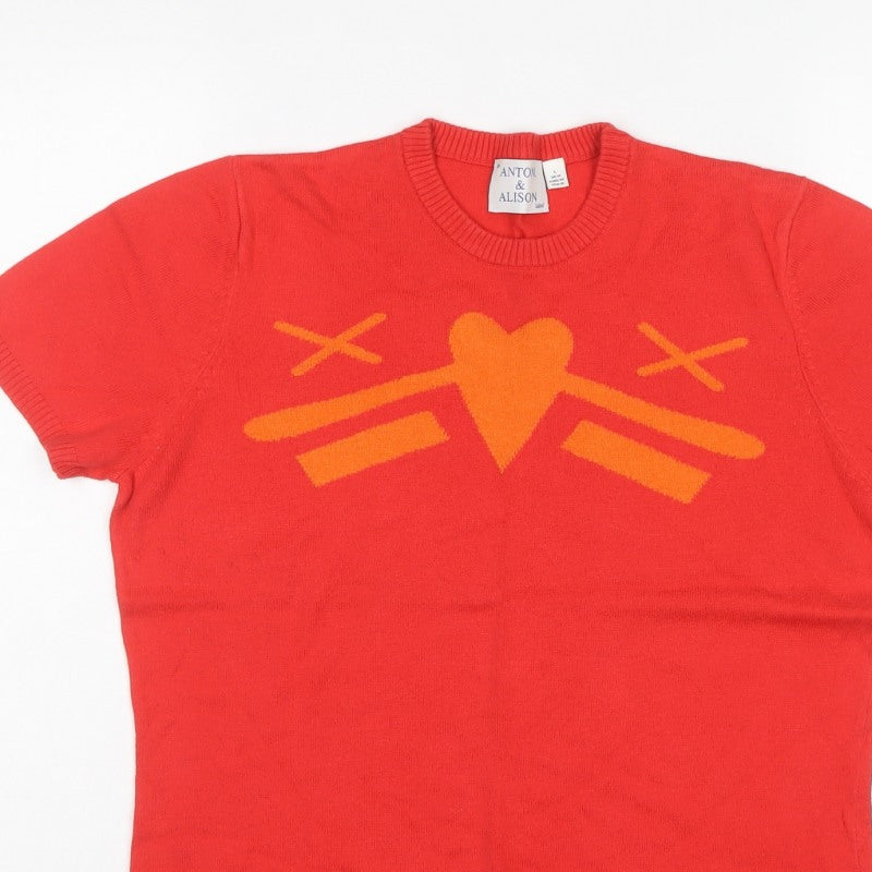 Antoni & Alison Women’s Red Orange Heart Knit Short Sleeve Jumper UK 14