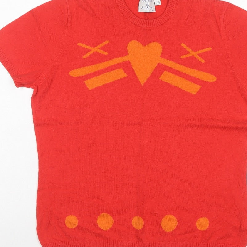Antoni & Alison Women’s Red Orange Heart Knit Short Sleeve Jumper UK 14