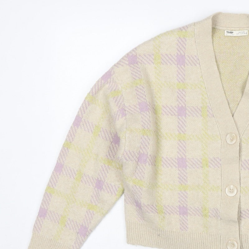 Pull&Bear Women’s Multicoloured Check V-Neck Button Cardigan Size S