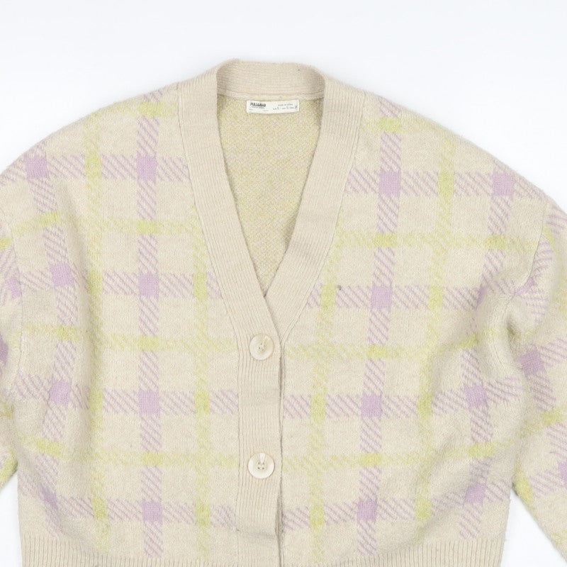Pull&Bear Women’s Multicoloured Check V-Neck Button Cardigan Size S