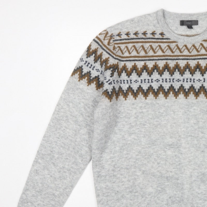 M&S Men Grey L Fair Isle Crew Neck Knit Pullover Jumper