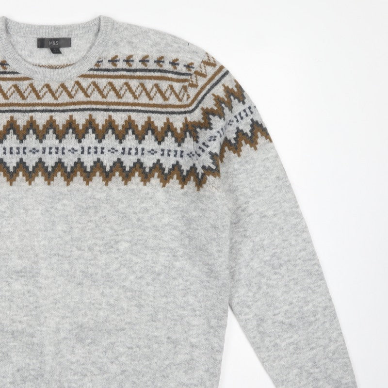 M&S Men Grey L Fair Isle Crew Neck Knit Pullover Jumper