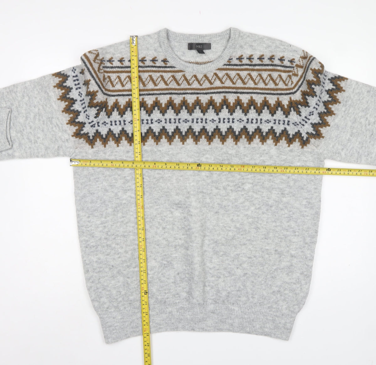 M&S Men Grey L Fair Isle Crew Neck Knit Pullover Jumper
