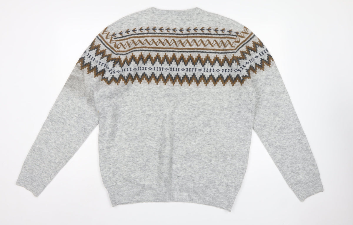 M&S Men Grey L Fair Isle Crew Neck Knit Pullover Jumper