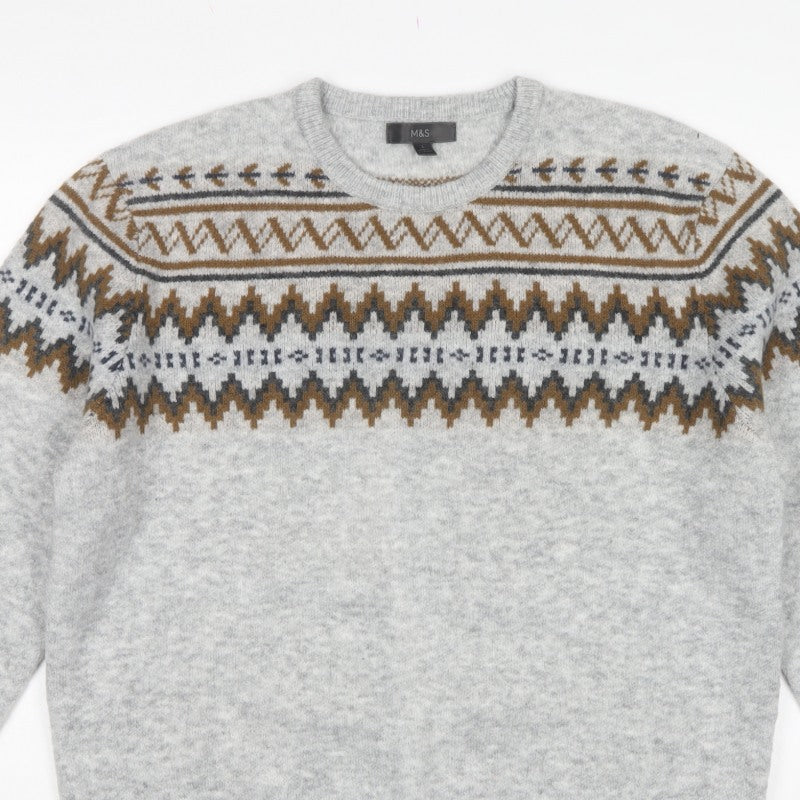 M&S Men Grey L Fair Isle Crew Neck Knit Pullover Jumper