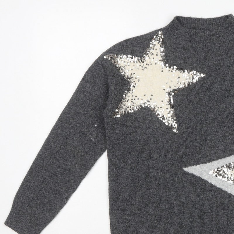 M&S Womens Grey Small Sequin Star High Neck Knit Jumper