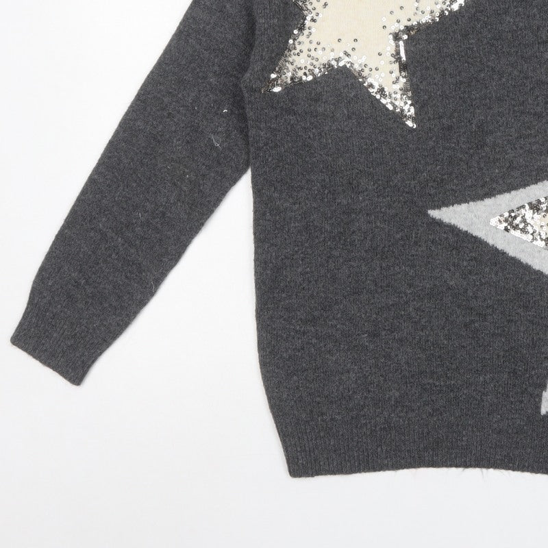 M&S Womens Grey Small Sequin Star High Neck Knit Jumper