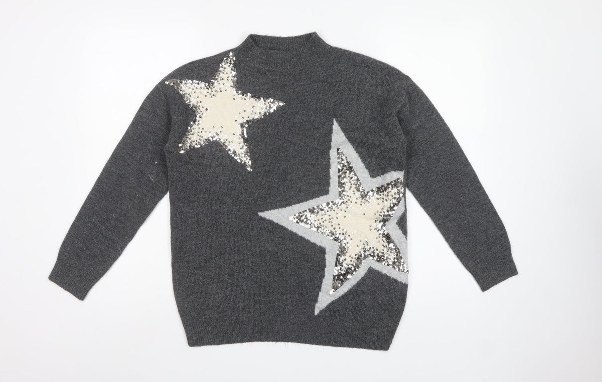 M&S Womens Grey Small Sequin Star High Neck Knit Jumper