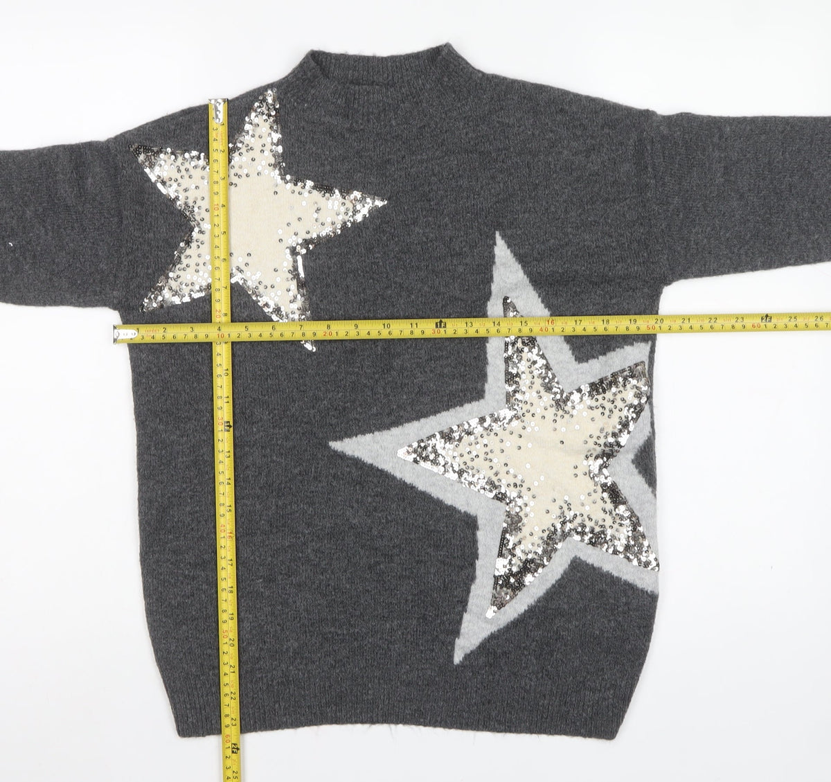 M&S Womens Grey Small Sequin Star High Neck Knit Jumper
